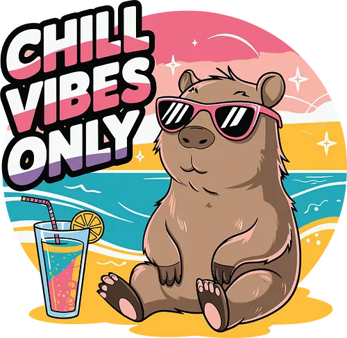 Chill Vibes Only - capybara, beach, sunset, sunglasses, tropical drink, relaxation, chill, ocean, summer, vacation