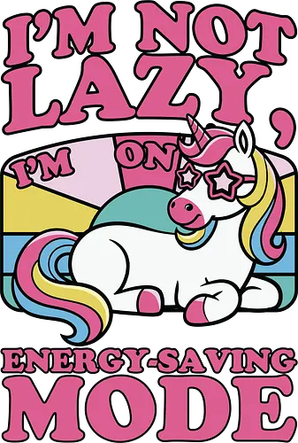 I'm on energy-saving mode - unicorn, rainbow, pastel, typography, whimsical, cartoon, humor, slogan, resting, colorful