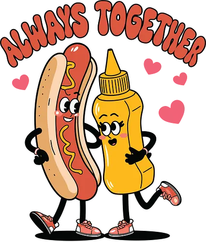 ALWAYS TOGETHER - friendship, cartoon, food, hot dog, mustard, love, hearts, humorous, characters, companionship