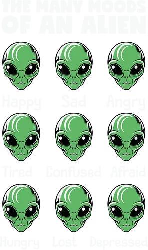 The many moods of an alien - alien, emotions, humor, expression, moods, green, faces, cartoon