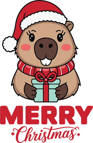 Merry Christmas - capybara, christmas, santa hat, gift, cute, holiday, cartoon, festive, scarf