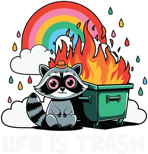 Life is Trash - raccoon, dumpster fire, rainbow, colorful, flames, clouds, humor, sarcasm