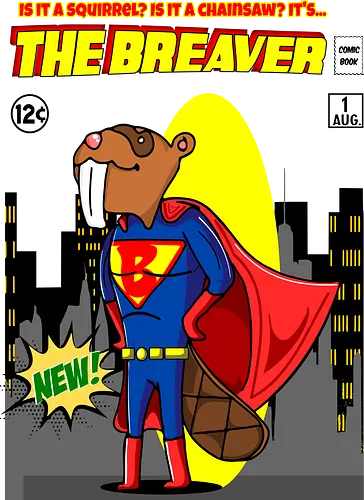 The Breaver - Biber, Superheld, mutig, Comics, Humor, lustig, Eichhörnchen, Kettensäge, Wortspiel, süß, Mashup, eigenartig, kreativ, Waldheld, Cartoon, Parodie, einzigartig, verspielt, fantasievoll, kühn, Comicbuch, Superkraft, Kinder