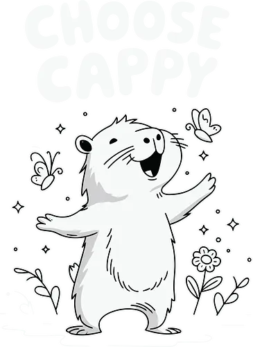 Choose Cappy - capybara, positivity, monochrome, whimsical, flowers, butterflies, cheerful, cute, cartoon