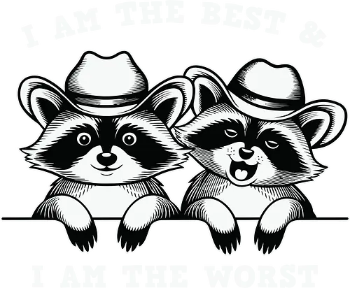 I AM THE BEST & I AM THE WORST - raccoons, cowboy hats, humor, duality, playful, animals, hats, black and white