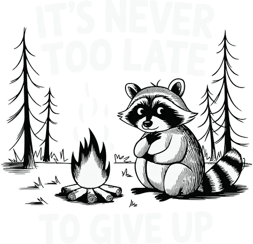 It's never too late to give up - raccoon, campfire, humor, trees, motivational, cartoon, wilderness, outdoor, monochrome