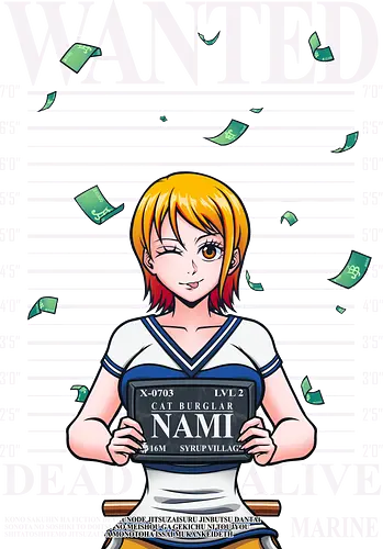 Cat Burglar Syrup Village Mugshot - anime, anime girl, anime tee, manga, mugshot, wanted, wanted poster, nami, Pirate, straw hat pirates, straw hat crew, cat burglar