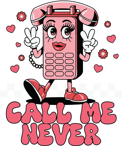 Call Me Never - cartoon, phone, character, pink, hearts, peace sign, lettering, checkered, playful