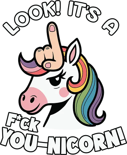 Look! it's a f*ck you-unicorn! - unicorn, rainbow, humor, playful, whimsical, gesture, cheeky, expression