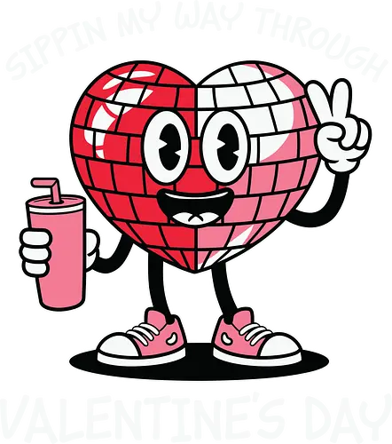 Sipping my way through Valentine's Day.  - cartoon, heart, disco ball, valentine's day, drink, sneakers, cheerful, character, playful, text