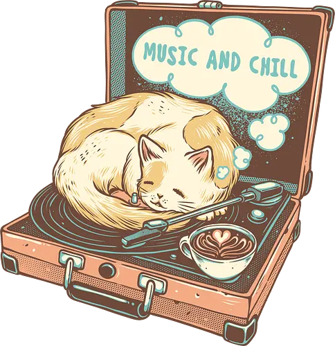 Music and Chill Cat - Music, cat, cats, relax, chill, cute, coffee, classic, retro