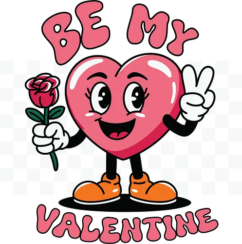 Be My Valentine - heart, cartoon, valentine, rose, love, checkered, peace sign, maroon, playful, bold