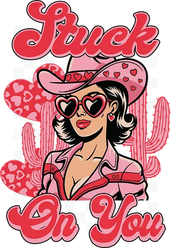 Stuck On You - retro, cowgirl, heart-shaped glasses, cactus, checkerboard, pink, fashion, western, cartoon style