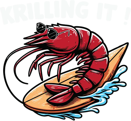 Krillin It - shrimp, surfing, wave, cartoon, humor, pun, ocean, playful, vibrant, text