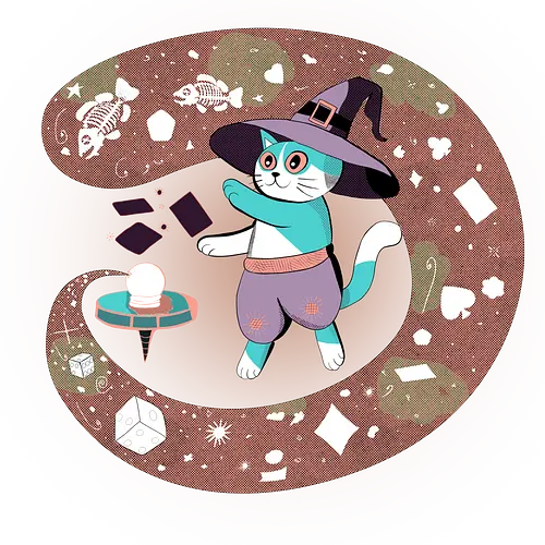 The Fortune Teller Cat - cat, magic, witchy, crystal ball, fortune teller, mystical, witch cat, tarot, spooky, occult, feline magic, cartoon cat, cute witch, esoteric, kawaii cat