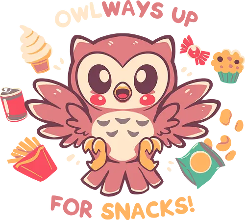 OWLways up for Snacks - owl, owl lover, funny snack, love snacks, foodie, cute food, cute owl, nature pun, eating, eat, snackies, sweet tooth, owl pun, dessert, cute bird, Eule, Eulenliebhaber, lustiger Snack, liebe Snacks