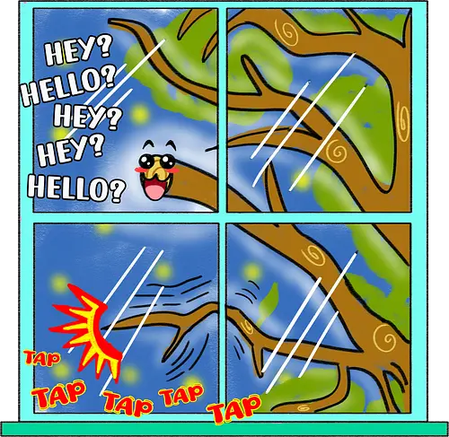 Annoying Branch (Nerviger Zweig) - kawaii, süß, lustig, Baum, Zweig, Natur, Cartoon, Pastell, Fenster, Klopfen, witzig, niedlich, verspielt, Wald, Herbst, Pflanzen, sanft, gemütlich, humorvoll, minimalistisch, classic