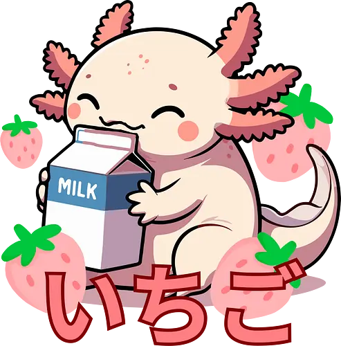 cute axolotl - axolotl, milk, strawberries, kawaii, japanese, cute, character, cartoon, sweet, playful