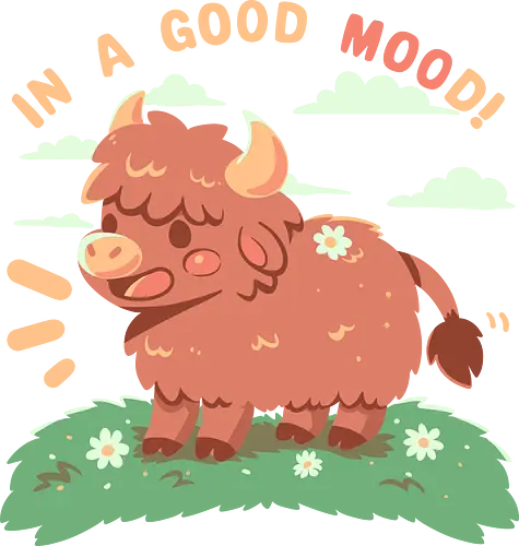 In a good MOOd - cow, happy, cute animal, highland cow, funny, good mood, kawaii, wholesome, cute cow, happy highland cow, brown cow, Scotland, Scottish, soft colours, soft art style, Kuh, glücklich, niedliches Tier, Hochlandkuh, lustig, gute Laune, gesund, niedliche Kuh, glückliche Hochlandkuh, braune Kuh, Schottland, schottisch, weiche Farben, weicher Kunststil