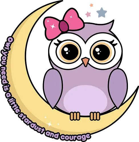 Kawaii Owl  - kawaii owl, kawaii, owl, bird, owls, birds, cute owl, purple owl, quote, saying, inspirational, inspirational quote, moon, stars, stardust, courage, bow, purple bird