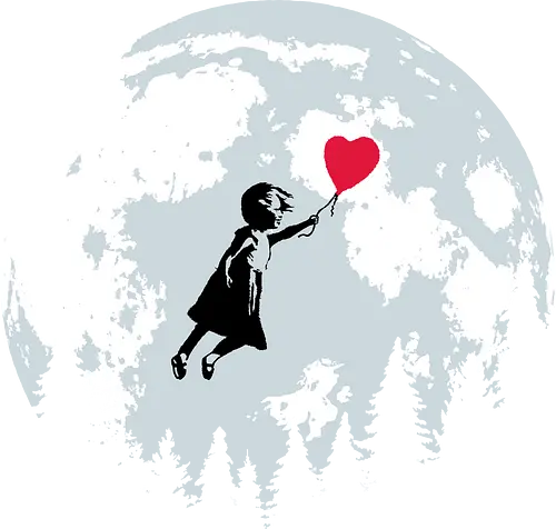 Girl with balloon flying - Banksy, moon, et, flying, balloon, girl with balloon, street art, valentines day, love