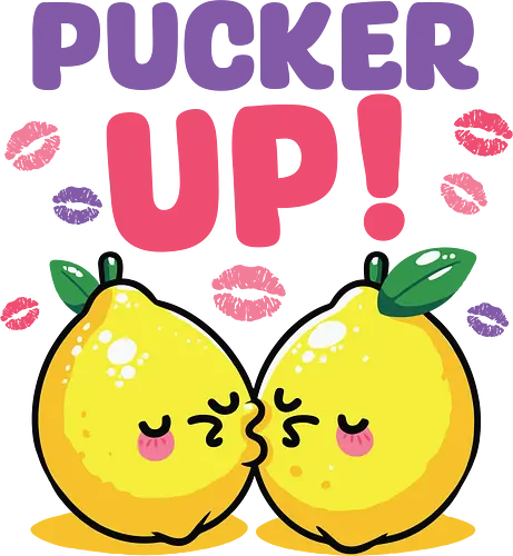 PUCKER UP! - lemons, cartoon, cute, kissing, text, playful, colorful, lipstick marks, kawaii, bold letters