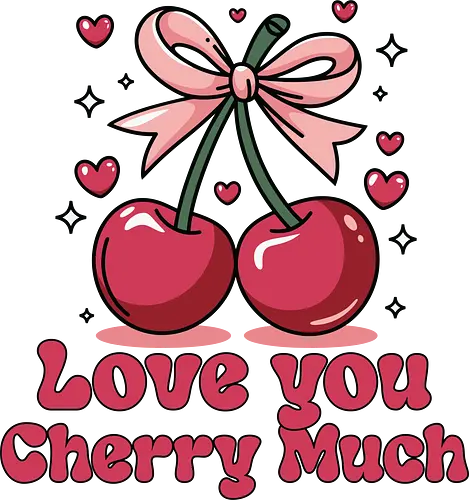 Love you Cherry Much - cherries, love, bow, hearts, stars, phrase, pink, red, playful, adornment