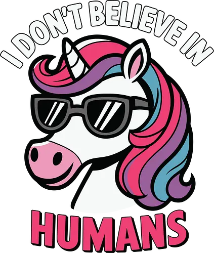 I don't believe in humans - unicorn, sunglasses, pastel, mane, lettering, playful, phrase, colorful, design