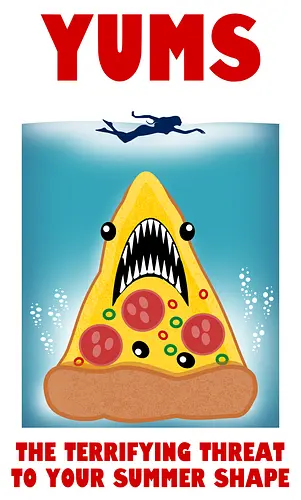 Yums - pizza, hai, parodie, filmplakat, sommerfigur, jaws, lustiges design, cartoon, nostalgisch, retro-stil, kawaii, monsterpizza, popkultur, humor, kreative kunst, fast food, strandstimmung, comicstil, kultfilm, spaß, summer