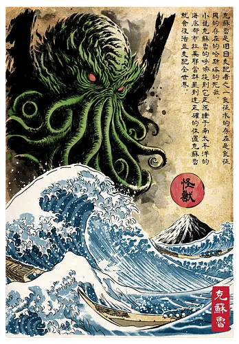 Great Cthulhu in Japan woodblock - novels, octopus, japanese art, cthulhu, lovecraft