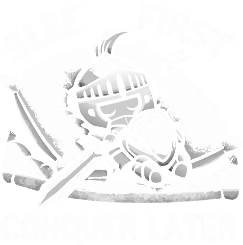 SLEEP FIRST, CONQUER LATER - knight, cartoon, sleeping, shield, sword, pillow, humor, text, rest, conquer