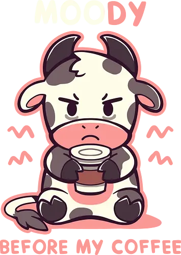 MOOdy Before my Coffee - Cute Grumpy Cow, coffee humour, morning grump, sarcastic, Kuh, Launische Kuh, Kuh-Wortspiel, Lustiger Kaffee, Niedliche mürrische Kuh, Kaffeehumor, Morgenmuffel, Sarkastisch, cow, Moody Cow, cow pun, Funny Coffee