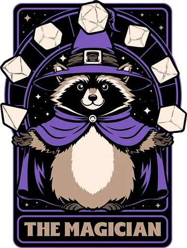 Raccoon RPG Wizard - rpg, Pen and Paper, d20, Pen and paper, dungeon master, role-playing game, tabletop, game master, Role-play, Role-playing, Roleplay Game, Pen and Paper, Dungeon, Fantasy, Adventure, Mythical, Creature, Wizard, Sorcerer, Sorcery, Mage, Dark Mage, Magical, The Magician, Magician, Tarot Card, Tarot, Dice, Raccoons, Raccoon