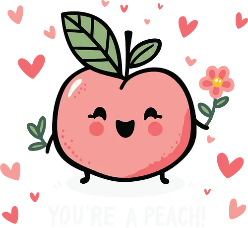 YOU'RE A PEACH - cute, cartoon, peach, hearts, flower, smiling, phrase, character, whimsical