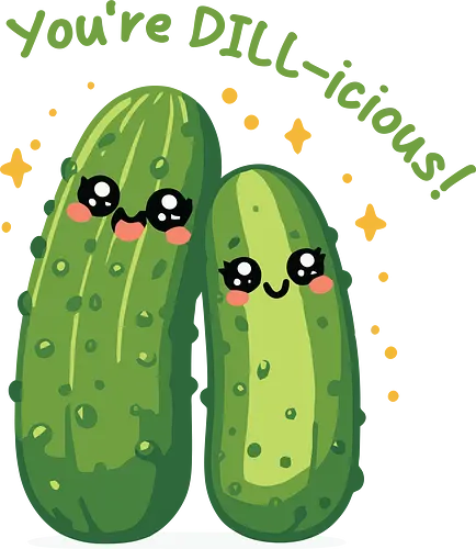 You're DILL-icious - kawaii, cucumbers, cute, cartoon, playful, text, green, expressive, fun, illustration