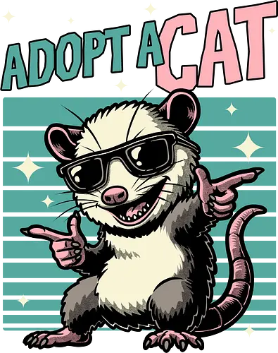 Possum Adopt a Cat - possum, cat, pet, retro, vintage, quote, lettering, fun, funny, sarcasm, irony, cool, cute, sunglasses, retro