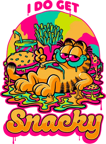 Cat Psychedelic Food Trip - Cat, comic, cartoon, Psychedelic, fast food, burger, fries, orange cat, lasagna, fun, funny, Food, Trip, comic, food, tripping, pet