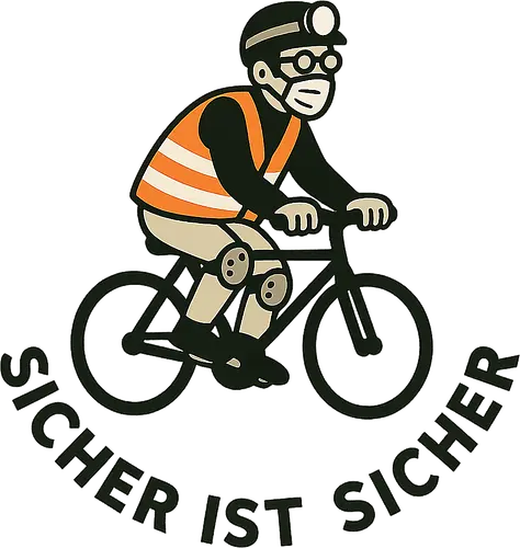 Sicher ist sicher - Fahrradkultur, Lebensweisheit, Sicherheit, Fahrrad, Humor, Übertreibung, Warnweste, Helm, Maske, Knieschoner, Satire, Comicstil, Achtsamkeit, Kontrolle, Paranoia, Vorsicht, Alltagssituationen, Reflexion, Verkehr, Sichtbarkeit, Ironie, Supergeek, Nachtsicht, Schutzkleidung, Übervorsicht