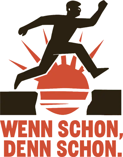 Wenn schon, denn schon. - Mut, Entscheidung, Sprung, Abgrund, Konsequenz, Wenn schon denn schon, Tatkraft, Bewegung, Grafikdesign, Sonnenaufgang, Kontraste, Selbstüberwindung, Neuanfang, Fokus, Losgehen, Retro, minimalistisch, plakativ, Statement, Supergeek, Selbstwirksamkeit, Entschlossenheit, Brücke, Herausforderung, Symbolkraft