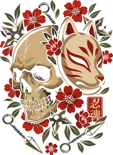 Kitsune-Maskenschädel - kitsune, kitsune maske, japan, japanisch, anime, manga, dämonentöter, tanjiro, illustration, lm2kone, geek, cadeau, asiatisch, kunai, ninja, samurai, shinobi