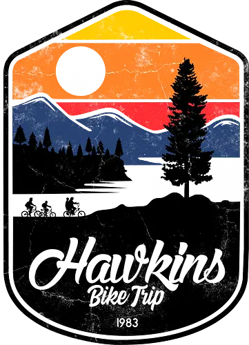 Hawkins Bike Trip - Hawkins, Strange, 1983, retro sunset, bike trip, kids on bikes, 80s nostalgia, adventure patch, pine trees, vintage aesthetic, sci-fi mystery, outdoor vibes, retro badge, synthwave style