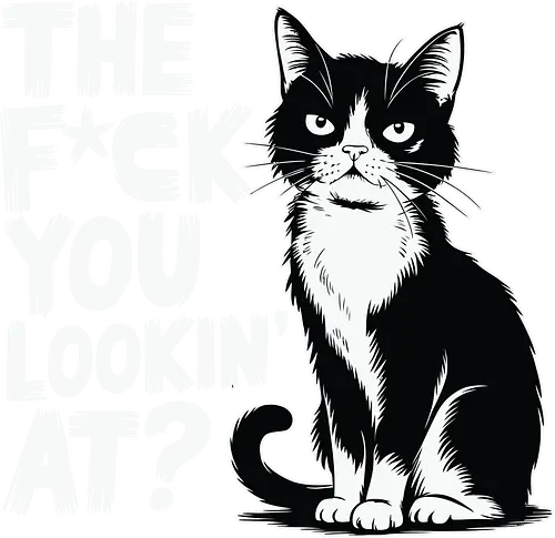 THE F*CK YOU LOOKIN' AT? - cat, grumpy, humor, text, typography, black and white, attitude, expression, graphic design