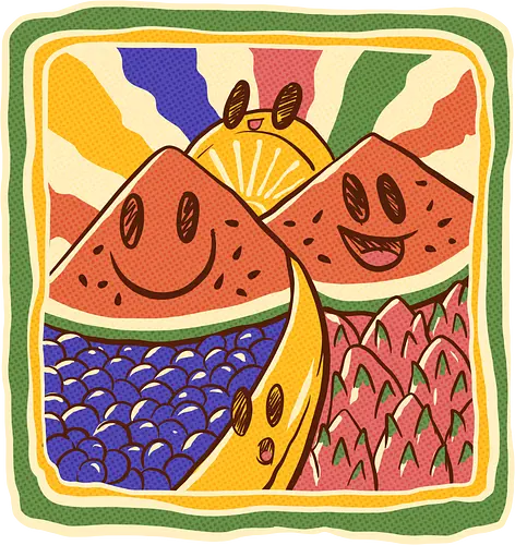 fresh fruits concerts - kawaii, fruits, mountain, kids drawing, kids, love, colorful, rainbow, watermelon, banana, orange, dragonfruit, grape, landscape, funny, cute