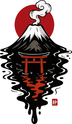 Schwarze Fuji-Tinte - Ästhetik, Anime, Asiatisch, Schwarz-Weiß, Chill, Cool, Fuji, Geek, Illustration, Tinte, Tuschezeichnung, Japan, Japanisch, Berg Fuji, Berg, Natur, Pop-Art, Shinto, Zen, Lm2kone