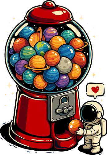 Gumball Galaxy - Retro, Weltraum, LM2Kone, Astronaut, Astronomie, Süßigkeiten, süß, Essen, lustig, lustiges Weltraum-Shirt, Galaxie, Geek, Kaugummi, Kaugummiautomat, Illustration, Planeten, Pop-Art