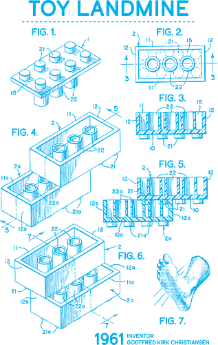 Toy Trap Blueprint - Lego, legos, funny, bricks, lego blueprint, blueprint, inventor, toys on floor, dad, fathers day, humour, toy mat, box of toys, foot, standing on toys