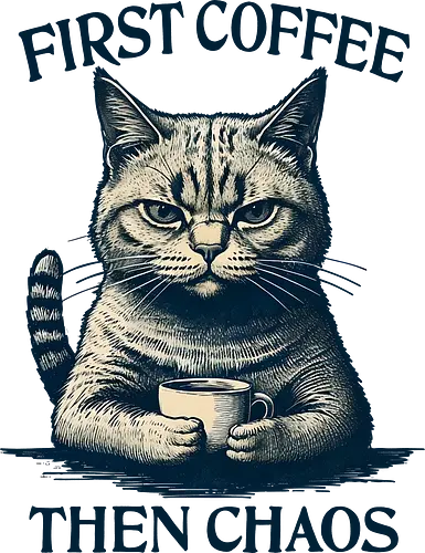 First Coffee Then Chaos - sarcasm, humor, funny, coffee addict, coffee, first coffee, then chaos, chaos, cat, cats, sarcastic