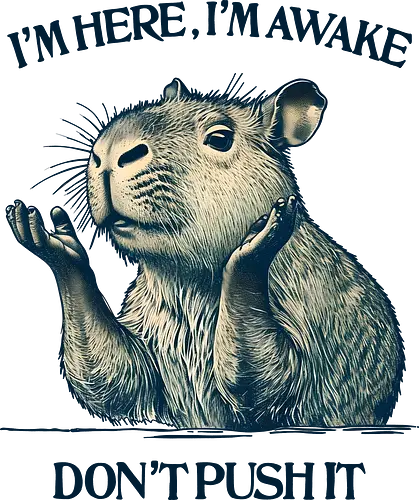 I’m Here I’m Awake - I’m here, I’m awake, don’t push it, capybara, lazy humor, introvert, sarcastic quote, chill vibes, morning mood, sleepy animal