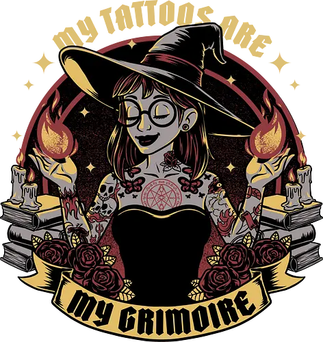 Witch Tattoo Grimoire - Books, Occult, Occultism, Roses, Woman, Pinup, Witch, Bewitched, Witch, Witches, Witchcraft, Magic, Magical, Dark Fantasy, Fantasy, Ritual, Spells, Spell, Spell Book, Tattoo, Tattoos, Traditional Tattoo