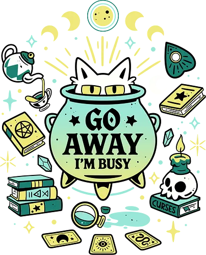 Witch Cat At Work - spooky cute, grumpy, humor, witch, introvert, magic, busy, potion bottle, witchy vibes, gothic, witchcraft, white cat, go away, halloween, cauldron